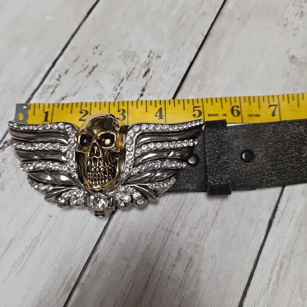 Washed Up Hollywood Gold Skull Rhinestone Winged Belt Genuine Leather Made USA